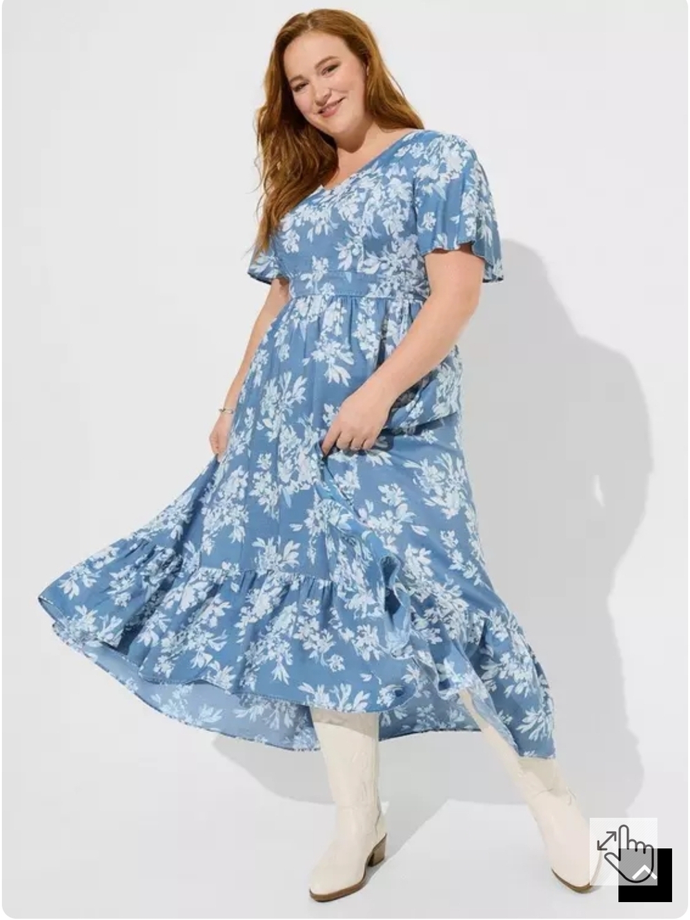 Torrid Maxi Chambray Hi-Low V-Neck Dress size 2 Floral Blue/white Ruffle Hem